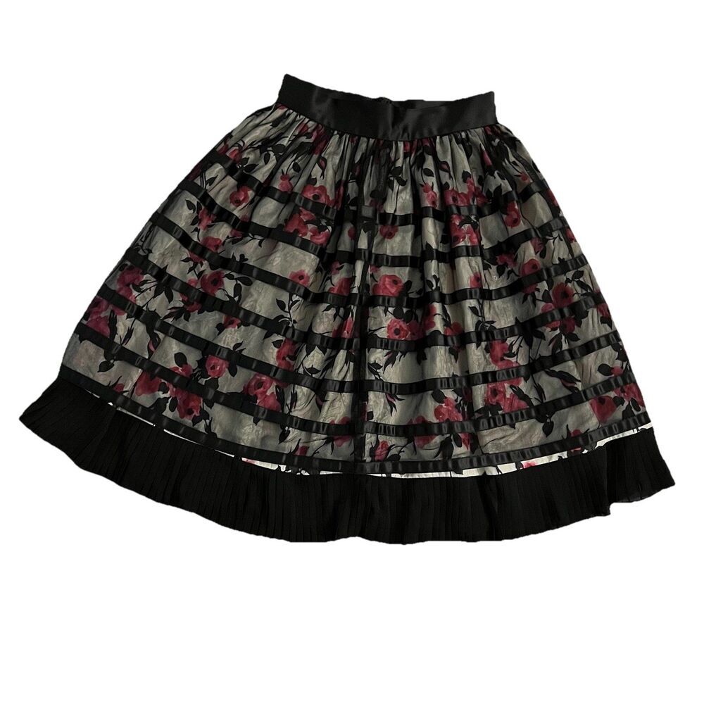 J. Perterman Floral Ribbon Skirt 6 Midi Black Pink Satin Lace Overlay Pleated